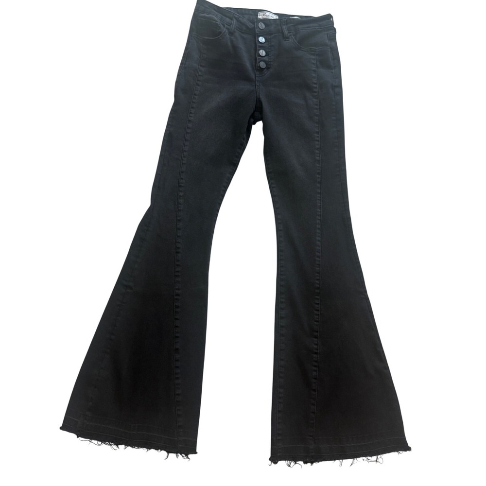 Kancan Signature Womens Black High Rise Button Fly Flare Jeans Raw Hem Size 27